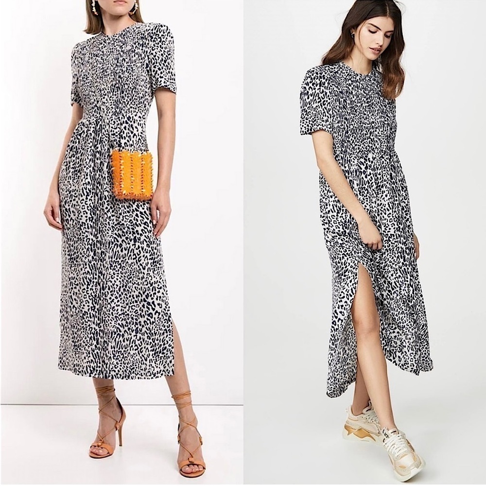 BAUM UND PERDGARTEN Silk Short Sleeve
Leopard Print Smocked Front Midi Dress 4